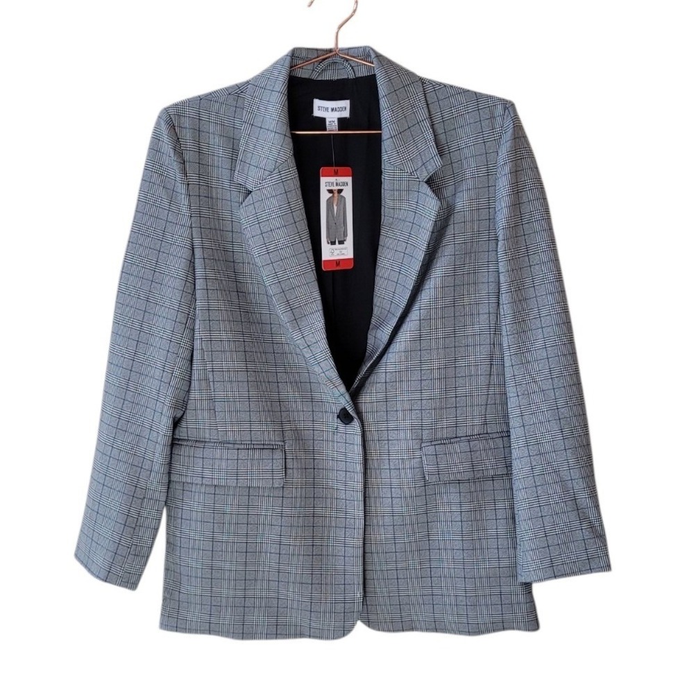 STEVE MADDEN M Grey Multi Plaid Oversized Blazer Jacket Women